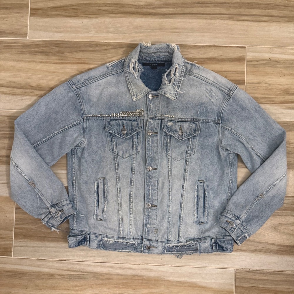 Ksubi Oversized Denim Jacket Chillz Blue Distressed Rhinestone Mens XS